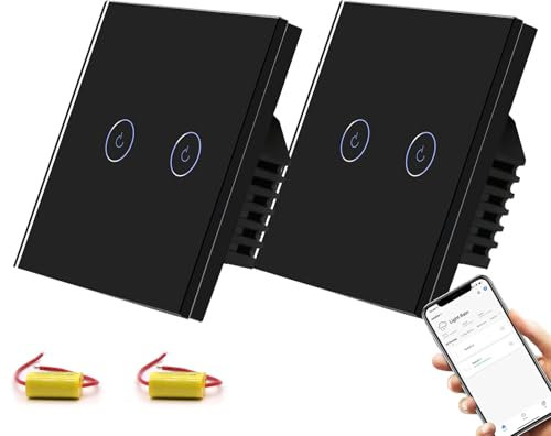 BSEED Interruttore WIFI, Interruttore Smart 2 Gang 2 Vie Compatibile con Alexa e Google Home, Interruttori con Controllo SmartLife e Funzione di Temporizzazione, Nero 2Pezzi(NON Linea Neutra)