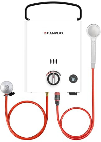 CAMPLUX First Calentador de Agua a Gas 5L con Mango Ajustable, Butano (28-30mbar)/ Propano (37mbar), para Ducha al Aire Libre/Camping/RVs, F5