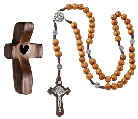 TTPSRY 2 Pezzi Croce Murale Cuore Intagliato Rosario Cattolico Perline Legno Naturale Collana Preghiera Medaglione Benedettino Decorazione Religiosa