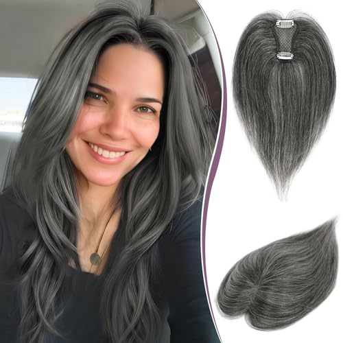 RUWISS Topper Capelli Veri Donna - Hair Topper Donna Capelli Veri Umani con Clip Toupet Capelli Senza Frangia, Nero Misto Grigio
