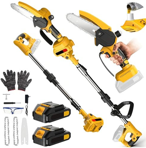 Elagueuse sur Perche sans Fil 21V, Tronçonneuse à Batterie 6 Pouces 4000 mAh avec 2 Batteries, Moteur Brushless, Perche Élagueuse Électrique 2 en 1, Extension jusqu'à 5 m, pour Branches et Jardin
