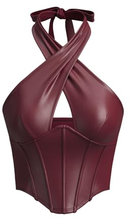 Verdusa Women's Y2k Club Faux Leather Corset Tops Cut Out Criss Cross Going Out Halter Top Burgundy Large
