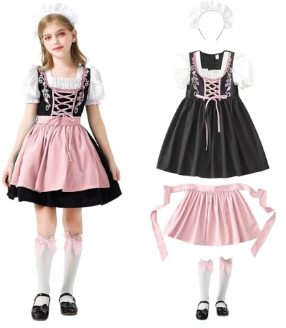 Dirndl Enfant Fille pour Fête Oktoberfest - Ensemble 4 Pièces (Robe, Tablier, Coiffe et Chaussettes) Élégant Traditionnel Bavarois - Déguisement Carnaval, Halloween, Cosplay Fancy Dress