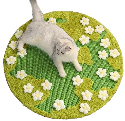 31 x 31 Inch 3D Garden Cat Scratcher Mat, Flower Sisal Cat Scratch Pad, Floor Cat Scratching Pads Rug for Indoor Cats, Protector for Wall&Carpets&Sofas, Green Moss Cat Claw Pad (White Flowers)