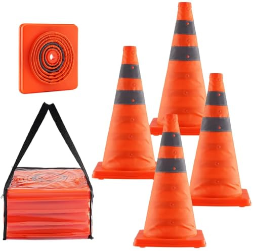 Katnetoly Coni di Sicurezza, Confezione da 4 Coni Stradali Pieghevoli da 18 Pollici, Coni da Cantiere con Collari Riflettenti e Borsa per Il Trasporto
