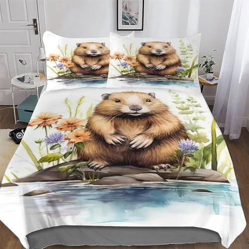 AASWSWW Beaver Duvet Cover Set with Pillowcases Printed Bedding Set Comforter Cover 3 Pieces Soft Microfiber Quilt Cover Double (200x200cm)