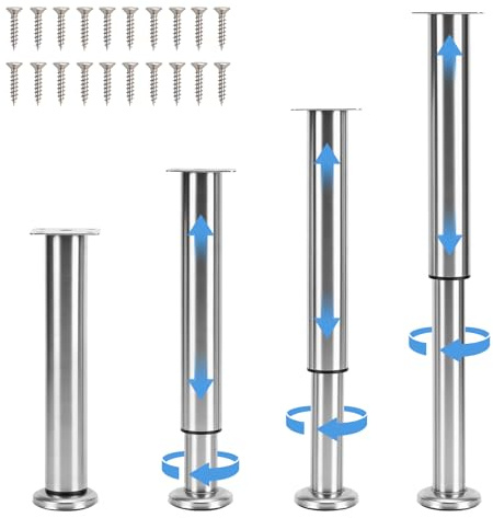 Lot de 4 Pieds de Meuble Reglable en Acier Inoxydable, Pieds de Table Pied de Lit, Pieds Meuble Salle de Bain, Pieds de Meubles pour Meuble TV, Canapé, Chaise, Salle de Bain (25-42CM)
