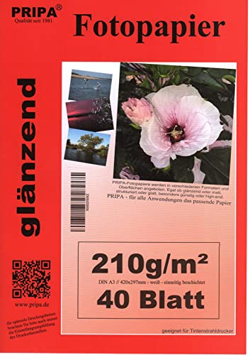 A3 pripa 40 Blatt Fotopapier Photopapier DIN - A 3-210g/qm - glossy glanz - sofort trocken - wasserfest - hochweiß - sehr hohe Farbbrillianz fuer InkJet Drucker