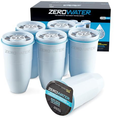 Zero Water 5-Stage 6-Pack BPA-Free Replacement Water Filters for ZeroWater Pitchers Dispensers NSF Certified to Reduce Lead and Other Heavy Metals, 18/8 Stainless Steel, Weiss/opulenter Garten, 6