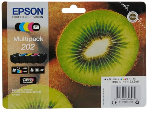 Epson Original-Tinte 202 Multipack mit 5 Schwarz, Gelb, Cyan, Magenta, Photo, Schwarz, Originalverpackung, mit RF-/Akustikalarmen für Expression Premium XP-6000, XP-6005, C13T02E74020, Standard