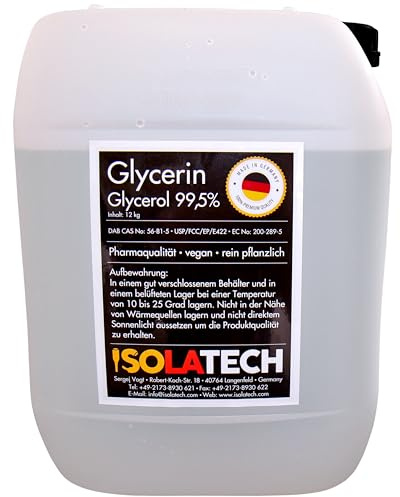 ISOLATECH Glycerin 10-litersdunk 99,5% Farmaceutisk Kvalitet Innehåll 12kg | Glycerol, Rent Vegetabiliskt, Uppmätt till 99,98%, Transparent, Flytande, För Livsmedel/Kosmetika, Tillverkad i Tyskland