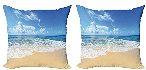 Lunarable Ocean Throw Pillow Cushion Cover Pack of 2, Waves and Paradise Beach Sky Sun Endless Summer Sea Coast View Tropic Print, Zippered Double-Side Digital Print Decor, 16, Cream Blue