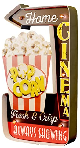 DiiliHiiri LED Deko Blechschild Kino — Vintage Wanddeko Leuchtschild, Deko für Zimmer, Zuhause, Wand, Küche oder Wohnung 50er Jahre USA Stil | 41x25x5 cm (Popcorn Heimkino)