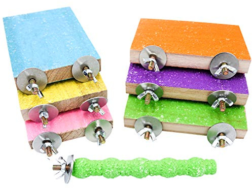 7 Pcs Bird Perch Stand Toy, Wood Parrot Stand Platform Colorful Sand Paw Grinding Stick Cage Accessories Exercise Toys for Cockatiel Conure Budgies Parakeet Lovebird Hamster Gerbil Rat Mouse (7 Pcs)