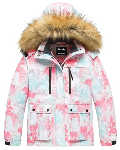 Pursky Childrens Winter Coats Thicken Kids Ski Snow Jackets Pink Floral 10/12