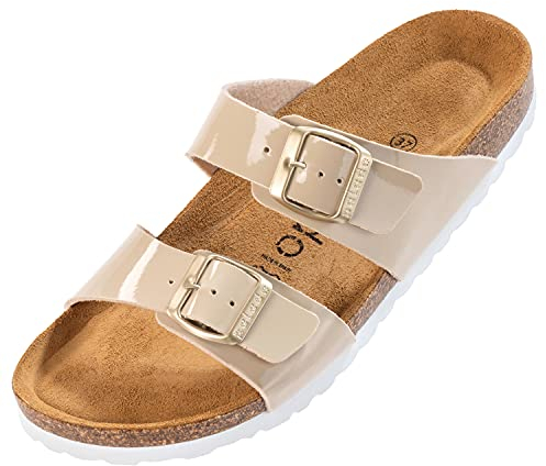 Palado Pantoletten Damen Samos - elegante Sandalen Made in Spain - bequeme Hausschuhe mit dämpfendem Kork-Fußbett - modische Sommerschuhe Lack Beige UK9 - EU42