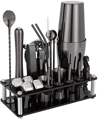 Boston,Set di 23 shaker per cocktail, in acciaio inox, con supporto in acrilico e libretto di ricette per cocktail, strumenti professionali da bar per miscelare bevande, casa, bar, feste, colore nero