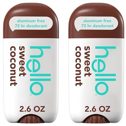 hello Sweet Coconut Aluminum Free Deodorant for Women and Men with Shea Butter, 24-Hour Freshness, Baking Soda Free Deodorant, Dermatologically Tested, 2.6 oz Stick (2 Pack)