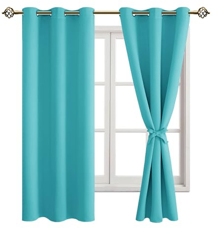 Cortinas opacas JIUZHEN con ojales para dormitorio y salón, cortina corta con lazos, color turquesa, 2 piezas, 137 x 117 cm (alto x ancho)