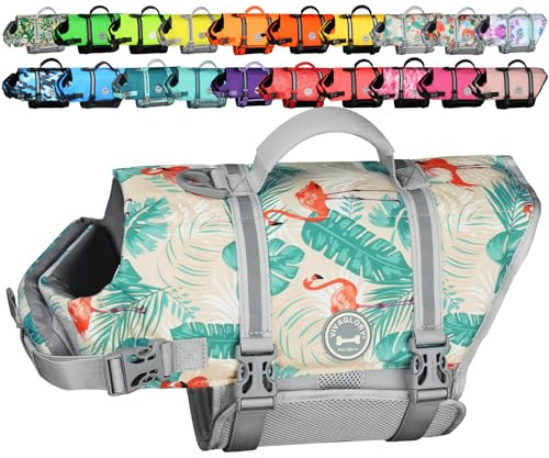 VIVAGLORY Chaleco Salvavidas Ripstop para Perros Pequeños, Medianos y Grandes, Chaleco de Natación para Perros con Mayor Flotabilidad y Visibilidad, Azul Hojas