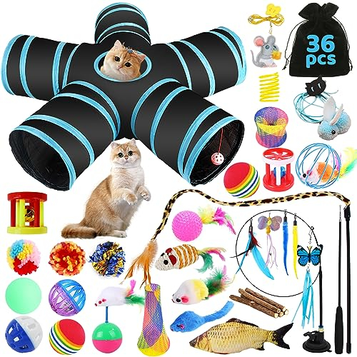 YUTUY Jouets Chat,36pcs Jouet pour Chat,Jouets pour Chats Interactif Jeux Chaton avec Tunnel,Kit Jouet Chats,Balles, Plumes,Poisson,Souris,Kit de Jouets Interactifs pour Chats