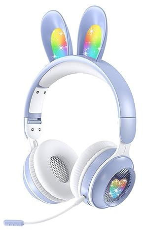 Woukksy Cuffie Bluetooth per Bambini, Pieghevole Cuffie Wireless con Microfono Staccabile, Orecchie di Coniglio Luci LED, Cuffie per Bambina Over Ear 85dB Limitatore di Volume per Scuola/Viaggi (Blu)