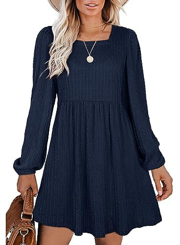 Aokosor Långärmad stickad klänning fyrkantig hals jumper klänningar knälång babydoll klänningar, BLÅ, L