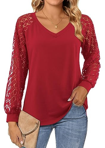 Beluring Blouse for Women Casual V Neck Tshirt Lace Long Sleeve Casual T-Shirts Red Size 18 20