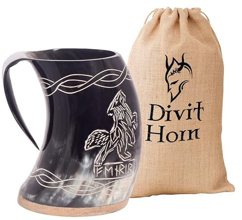 Chope à boire de style Viking Divit | Authentique chope en corne de bière médiévale | Coupe en corne de la plus haute qualité. (Wolf, Polished)