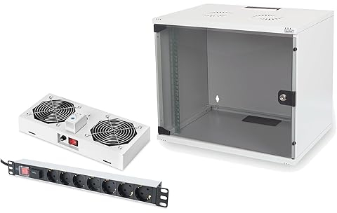DIGITUS Set: 19 7HE Netzwerkschrank + Dachlüfter + 7-Port Steckdosenleiste // 19 Zoll Rack – Unmontiert – Wandmontage – 400 mm Tiefe – Traglast 60 kg – Nutztiefe 170-270 mm – SOHO Serie – Grau