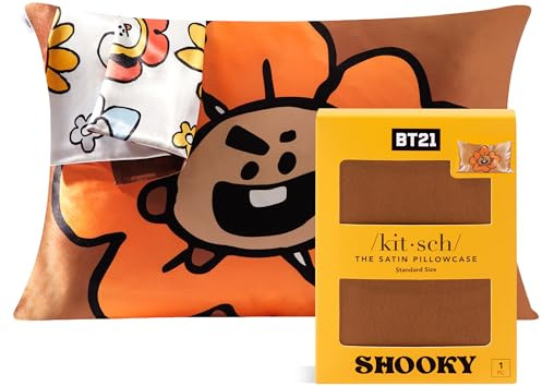 BT21 x Kitsch Satin Pillowcase with Zipper Closure, Softer Than Mulberry Silk Pillow Cases Standard Size 1 Pack, Cooling Pillow Covers Queen for Hair, Skin Health & Beauty Sleep (19x26 in, Shooky)