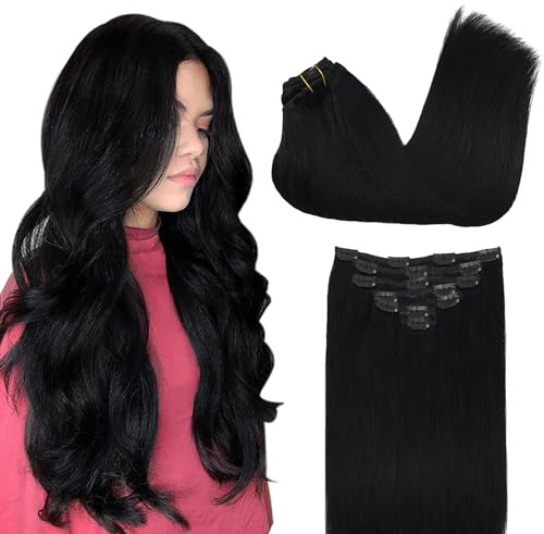 GOO GOO Clip in Human Hair Extensions, 24inch 120g 7pcs, Hair Extensions Clip in, 1 Jet Black