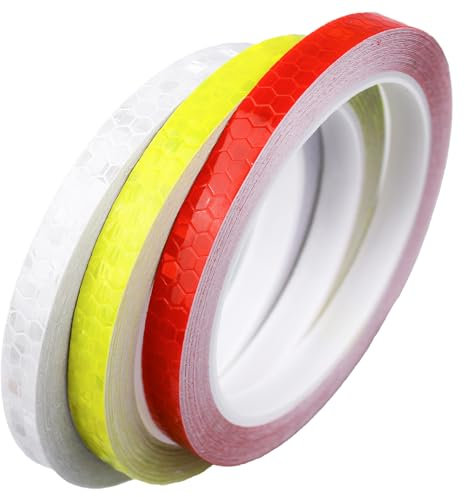 3 Rotoli 1cm×8m Nastro Bagliore Nel Buio,Nastro Riflettente Adesivo,Nastro Luminoso,Nastro segnaletico,per Moto Caschi,Bicicletta(Rosso,Bianco,giallo)