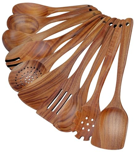 comfoyar Teck Ustensiles de Cuisine Bois, Set de 10 Cuillère en Bois pour la Cuisson avec Spatula et Ladle, Résistance à la Chaleur Convient pour Poêles Antiadhésives