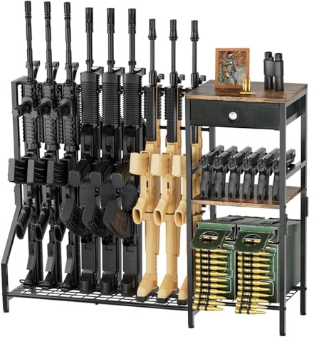 EnigmaSoul Indoor Gun Racks, Rifle Rack and Shotgun Floor Stand with Pistol Holder, Rustic Wood and Solid Metal, Vertical Gun Rack Holds up to 9 Long Guns and 6 Handguns for Home Garage Retail Shop