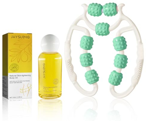 Cellulite Massagegerät Anti Cellulite Öl Set,Massageroller Cellulite Roller, Massageroller Beine Faszienstab, mit Anti-Cellulite-Straffendes Massageöl für Schöne Haut, Bein, Fuß, Armmassage (Grün)