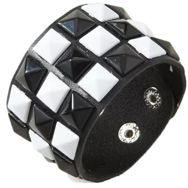 BaBakiak Black White Checkered Punk Leather Cuff Bracelet, Adjustable Genuine Wristband for Men Women, Gothic Halloween Accessories