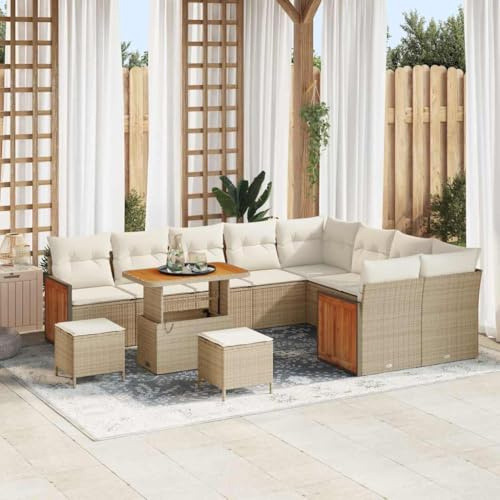 QJBSAVVA Set di 12 divani da giardino, colore beige, 90 x 55 x 71 cm, in polyrattan, in legno di acacia, moderno, per esterni, con panca ad angolo e tavolo per terrazza, balcone, giardino