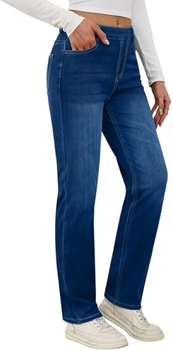 Desol Pantalones vaqueros elásticos de pierna recta para mujer, cintura alta, corte recto, ajustados, informales, sin cremallera, azul oscuro, M