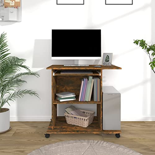 IBUQDDV Scrivania affumicatura 80 x 50 x 75 cm, materiale in legno con tastiera estraibile e scomparto per CPU, tavolo compatto per computer e ufficio con ruote e due ripiani per riporre oggetti