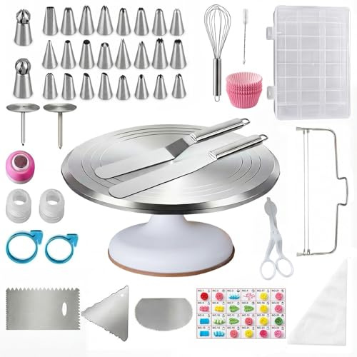 OFFASST Plato Giratorio para Tartas de Aluminio - Base Giratoria para Decoración Profesional con Set de 144 Accesorios de Repostería Incluye Espátula y Boquillas, Gran Regalo para Mujeres
