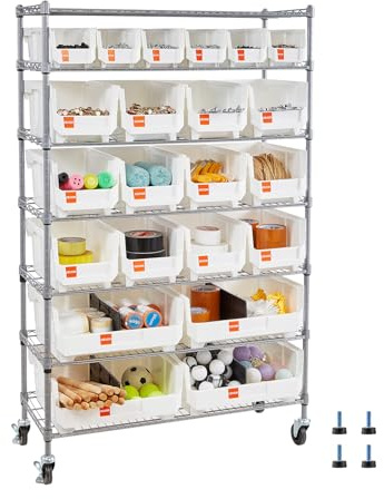 VEVOR 7-Tier Rolling Bin Storage Rack, 22 Organizer Bins, Bin Rack Storage Steel Wire Shelving System with Wheels, Mobile Tool Organizer for Garage, Warehouse, Office, Restaurant, Classroom, Kitchen
