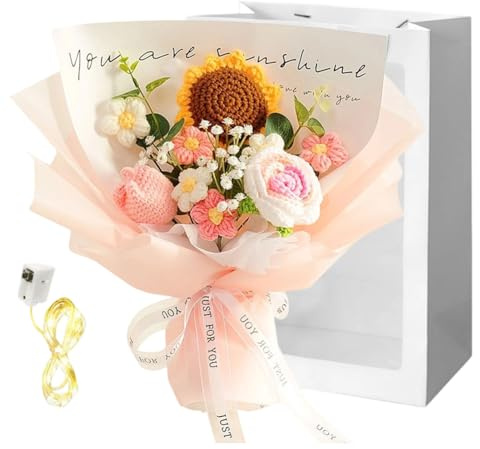 Mazzo di fiori all'uncinetto fatto a mano, fiori artificiali in rosa, tulipani e girasoli per la festa della mamma, San Valentino, regalo di compleanno per donne, madre, nonna, decorazione per la casa