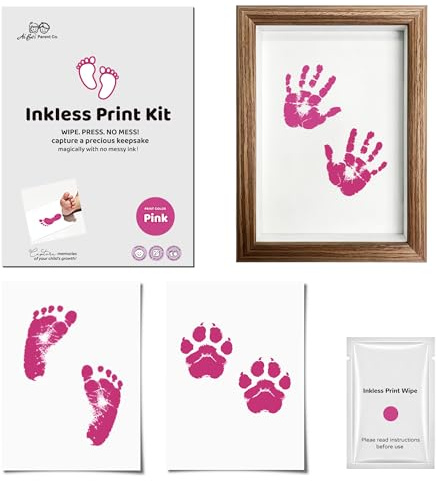 3-delars set med fotoram, Babyavtrycksset, baby avtrycksset idealisk storlek upp, Fotavtryck handavtryck babyset, Hand- och fotavtryck för spädbarn, present till födseln & baby shower (Rosa)