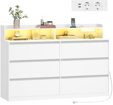 Hzuaner Cómoda Equipada con LED y Regleta de eEnchufes, 6 cajones, Cómoda para Dormitorio, Mueble Almacenaje con Cajones para Dormitorio, Armario, Pasillo, Salón 40 x 140 x 95 cm Blanco 1214003XEU