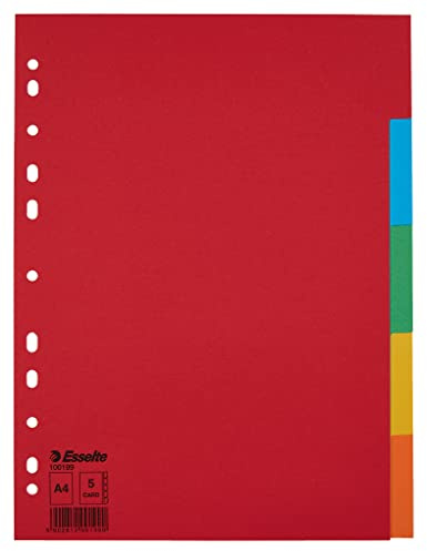 Esselte register för A4, 20-pack, 5 skiljeblad med flikar, röd/flerfärgad, återvinningskartong, 100199