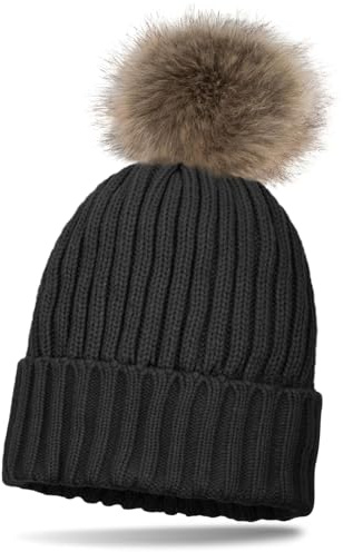 styleBREAKER Cappello in Maglia per Bambini con Pompon, Motivo a Coste e Fodera in Fleece Termico, Berretto Invernale con Pompon in Pelliccia Sintetica 04024031, Colore:Grigio Scuro