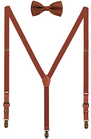 WANYING 2cm Hosenträger Fliege Sets | Retro PU Leder 3 Messingartige Clips Y Form Hosenträger Elastisch Verstellbar für Körpergröße 140-190cm - Braun