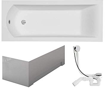 VBChome Badewanne 140 x 70 cm Acryl SET Schürze Siphon Wanne Rechteck Weiß Design Modern Ablaufgarnitur in Chrom Viega Simplex
