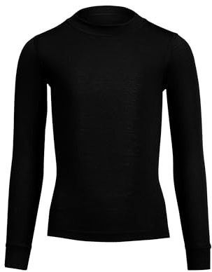 menique 100% Merinowolle Kinder Thermo Langarmshirt, Funktionsunterwäsche, Atmungsaktiv, Outdoor Shirt für Jungen & Mädchen, Wandern, Reisen, Radfahren, Sport, Unterhemd, Schwarz, 146-152cm